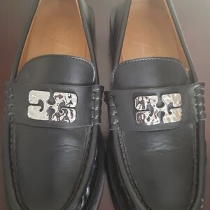 Ganni Black Leather Loafers with Silver Accent